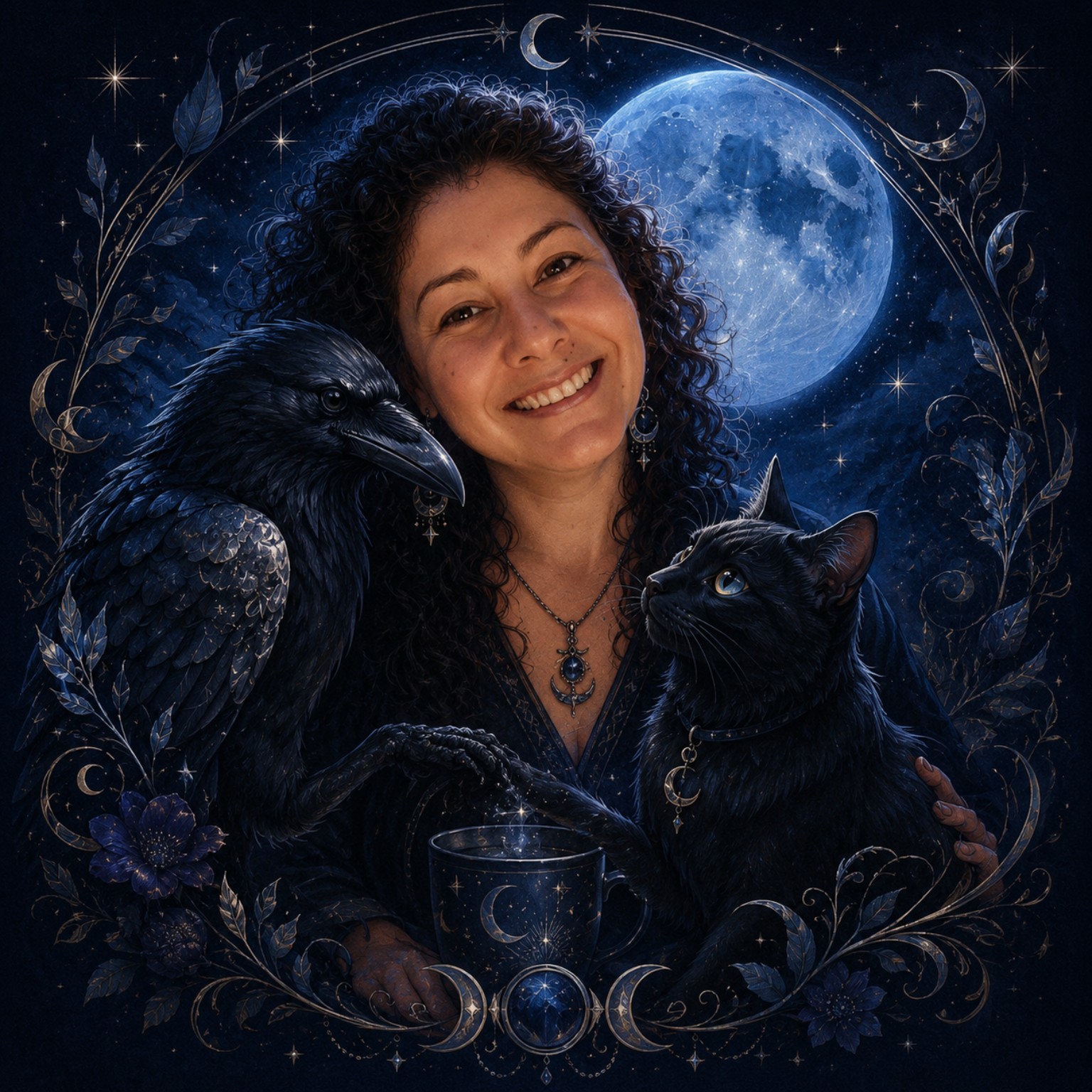 Retrato artístico de Majo con Raven, el cuervo, y Blue, el gato negro, bajo una luna azul